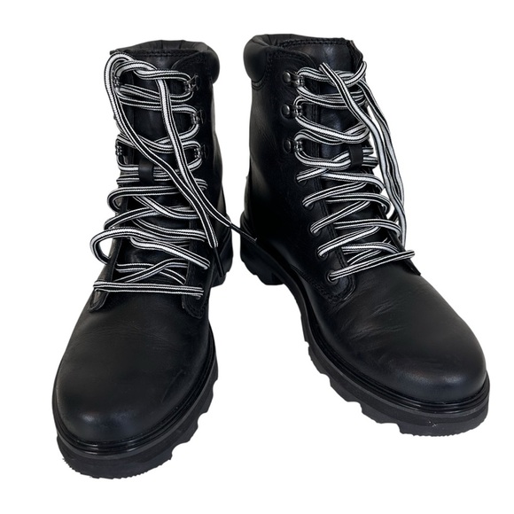 SOREL Moto‎ Lace Up Stkd Lennox Black Leather Weatherproof Boot Womens Size 7.5 - Picture 1 of 13